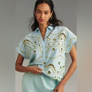 Maeve Short-Sleeve Boxy Eyelet Popover Blouse